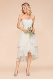 Affordable Hi-Lo Layer Ruffle Ivory Short Bridesmaid Dress with Flower