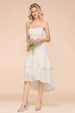 Affordable Hi-Lo Layer Ruffle Ivory Short Bridesmaid Dress with Flower