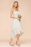 Affordable Hi-Lo Layer Ruffle Ivory Short Bridesmaid Dress with Flower