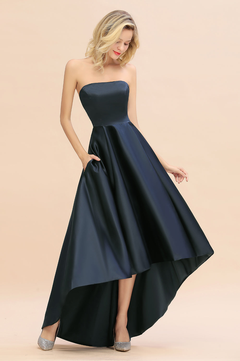 Affordable Hi-Lo Strapless Satin Bridesmaid dresses Online
