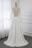Affordable Jewel Chiffon Ruffles Wedding Dresses Lace Top Long Sleeves Bridal Gowns Online