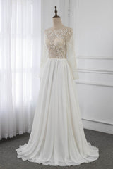 Affordable Jewel Chiffon Ruffles Wedding Dresses Lace Top Long Sleeves Bridal Gowns Online