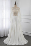 Affordable Jewel Chiffon Ruffles Wedding Dresses Lace Top Long Sleeves Bridal Gowns Online