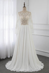 Affordable Jewel Chiffon Ruffles Wedding Dresses Lace Top Long Sleeves Bridal Gowns Online