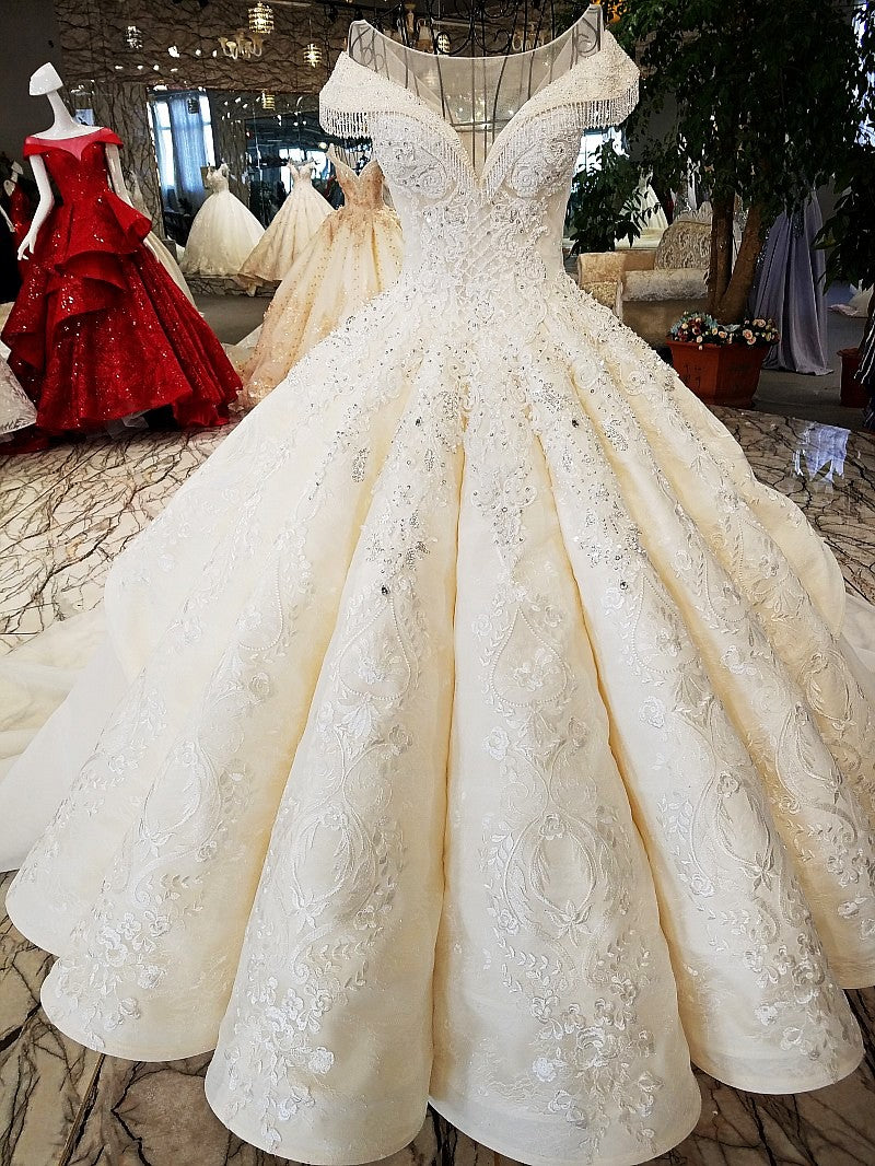 Affordable Jewel Off-the-shoulder A-line Wedding Dresses With Appliques Ivory Ruffles Lace Bridal Gowns On Sale