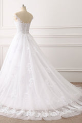 Affordable Jewel Tulle Lace White Wedding Dress Sleeveless Appliques Bridal Gowns Online