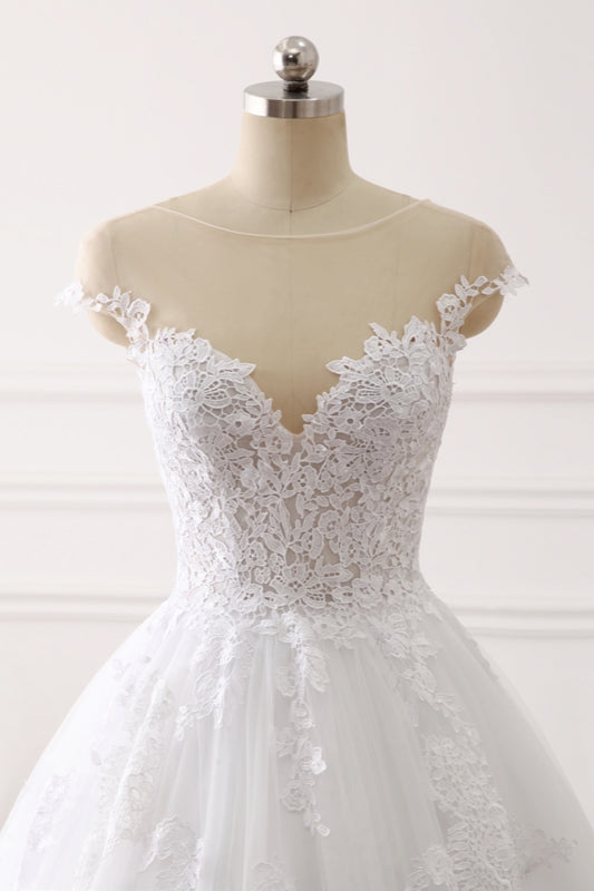 Affordable Jewel Tulle Lace White Wedding Dress Sleeveless Appliques Bridal Gowns Online