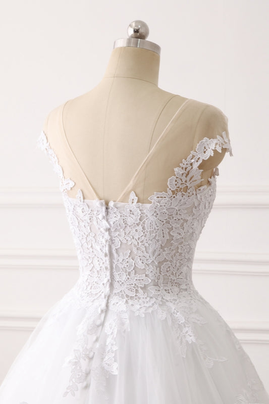 Affordable Jewel Tulle Lace White Wedding Dress Sleeveless Appliques Bridal Gowns Online