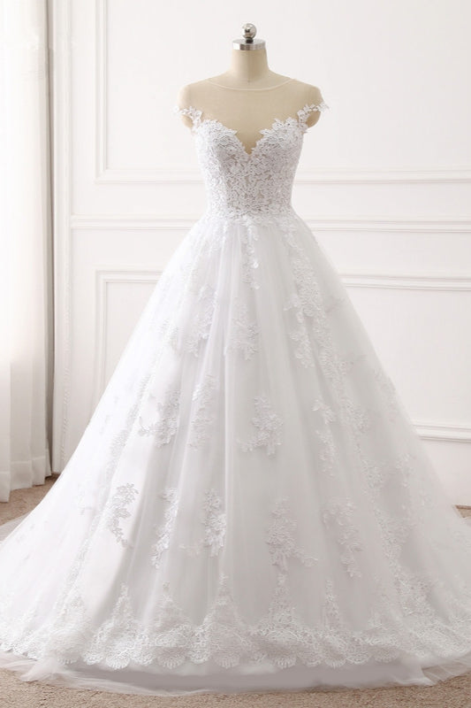 Affordable Jewel Tulle Lace White Wedding Dress Sleeveless Appliques Bridal Gowns Online