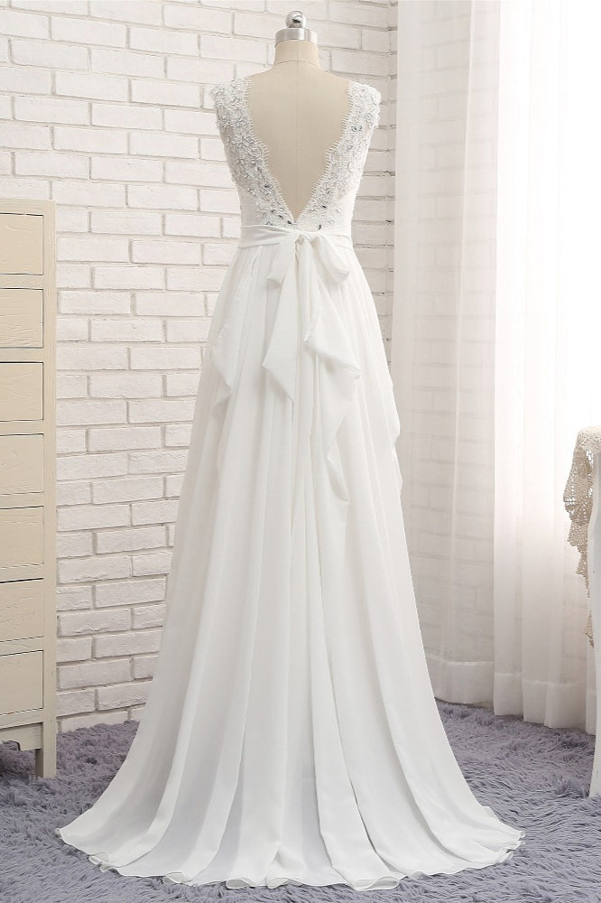 Affordable Jewel White Chiffon Ruffle Wedding Dress Sleeveless Appliques Bridal Gowns with Beadings