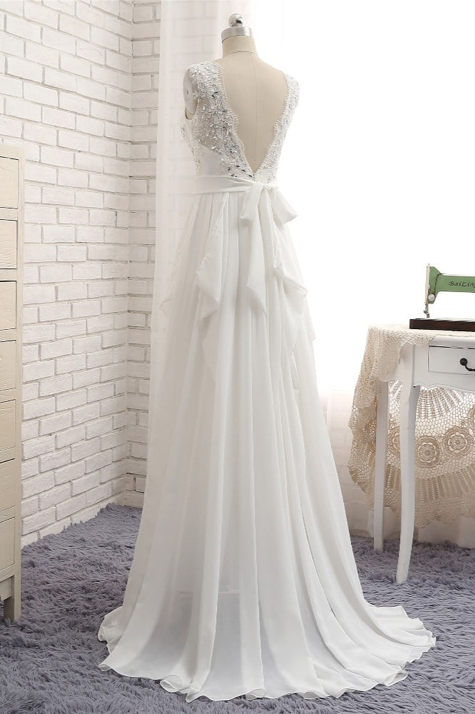 Affordable Jewel White Chiffon Ruffle Wedding Dress Sleeveless Appliques Bridal Gowns with Beadings