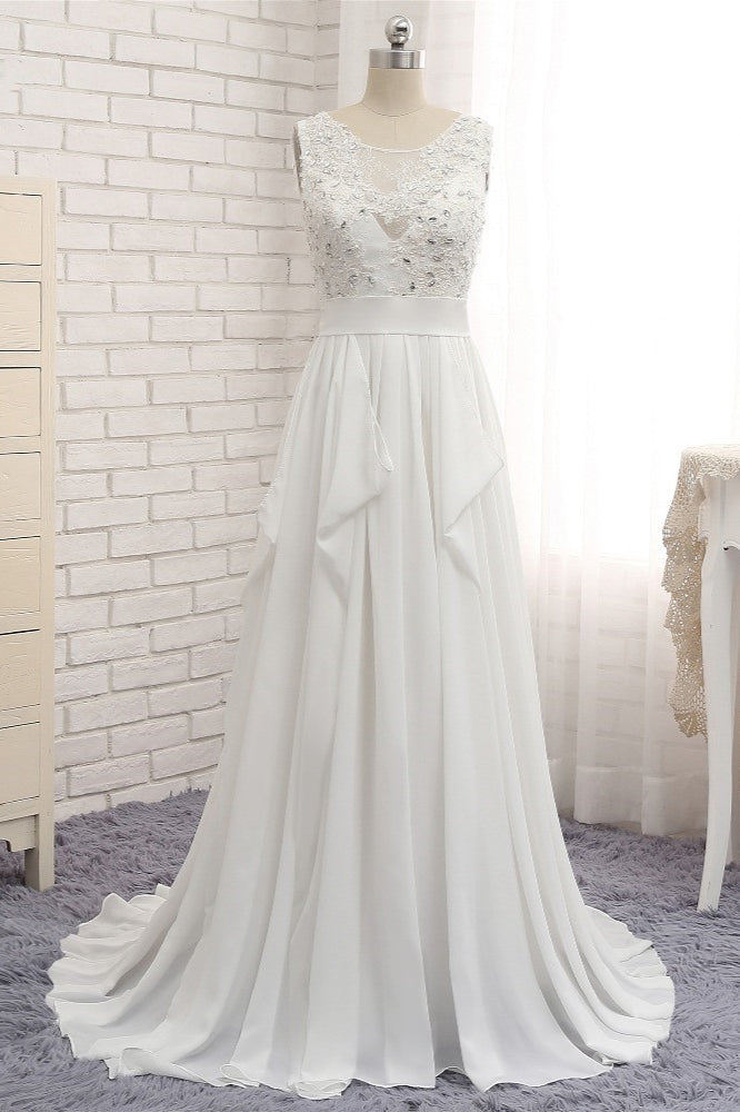 Affordable Jewel White Chiffon Ruffle Wedding Dress Sleeveless Appliques Bridal Gowns with Beadings