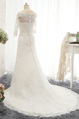 Affordable Jewel White Tulle Lace Wedding Dress Half Sleeves Appliques Bridal Gowns Online