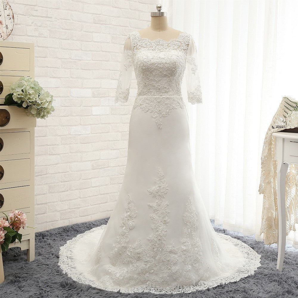 Affordable Jewel White Tulle Lace Wedding Dress Half Sleeves Appliques Bridal Gowns Online