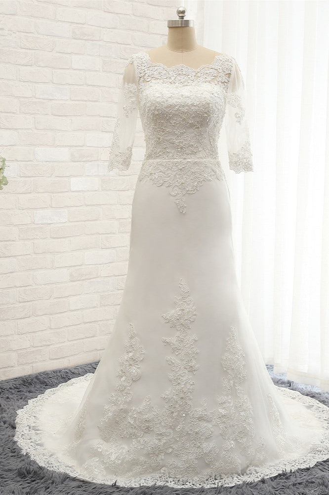 Affordable Jewel White Tulle Lace Wedding Dress Half Sleeves Appliques Bridal Gowns Online