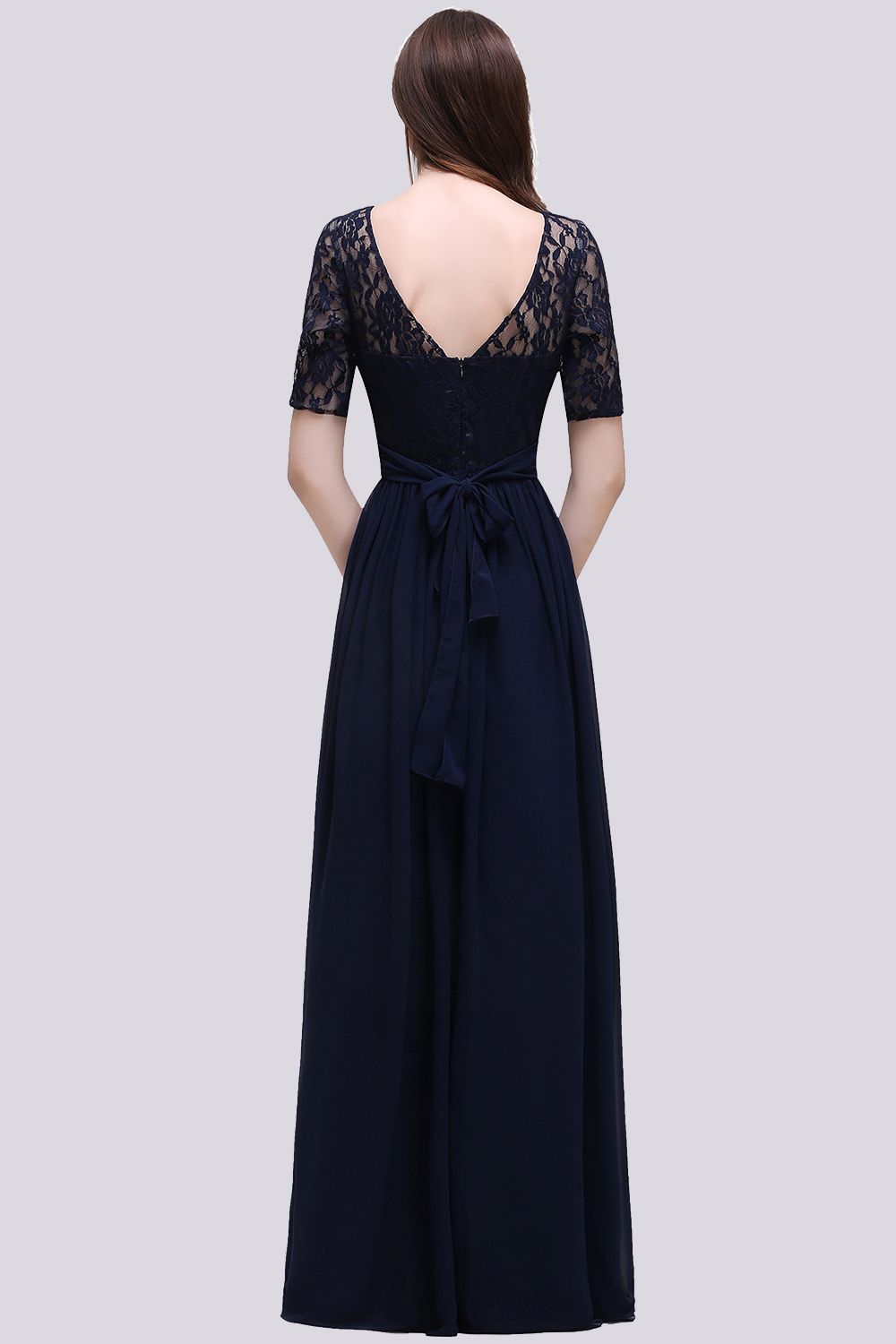 Affordable Lace Scoop Dark Navy Bridesmaid Dresses with Half-Sleeves