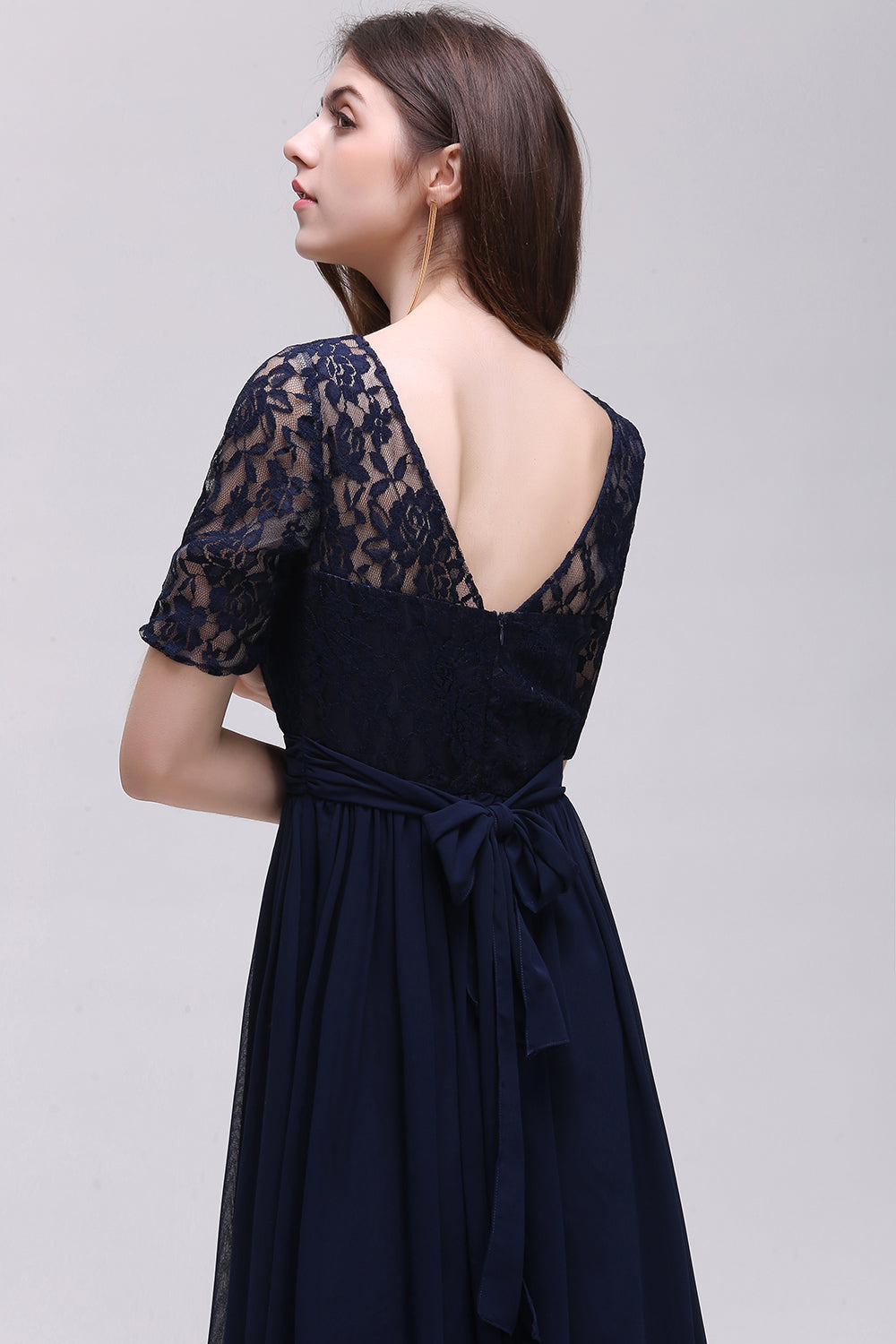Affordable Lace Scoop Dark Navy Bridesmaid Dresses with Half-Sleeves