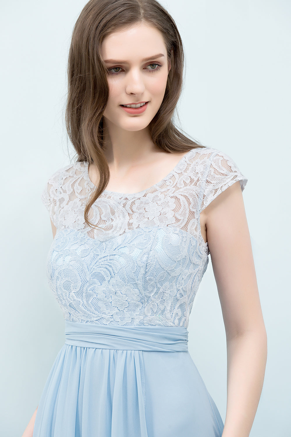 Affordable Lace Sleeveless Blue Bridesmaid Dresses With Scoop Cap