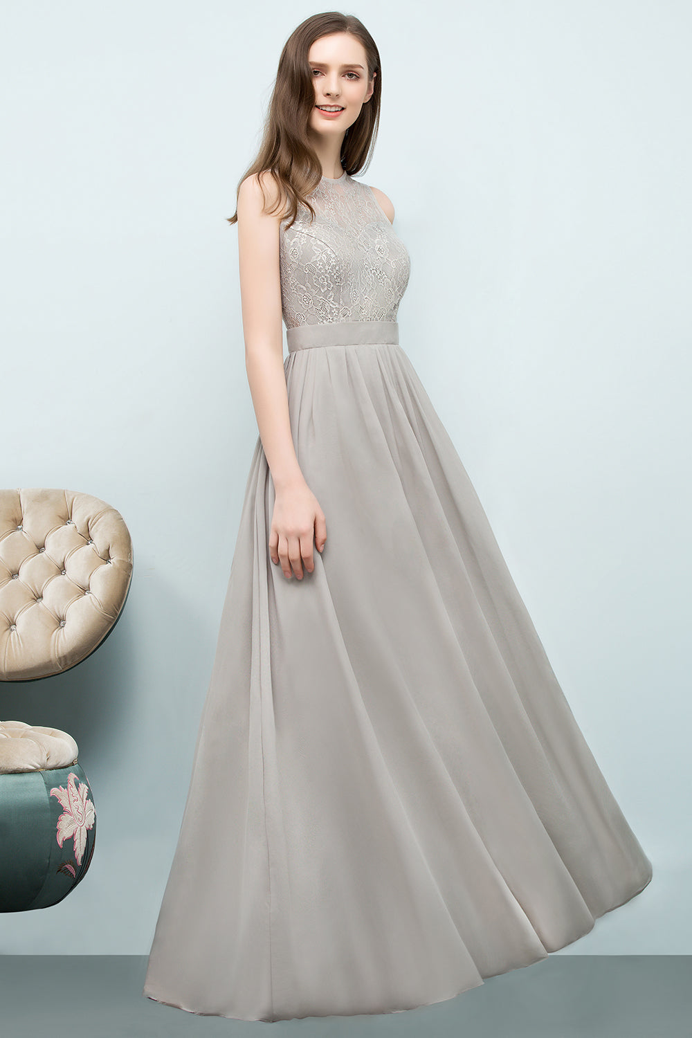 Affordable Lace Sleeveless Silver Bridesmaid Dress with Ruffles