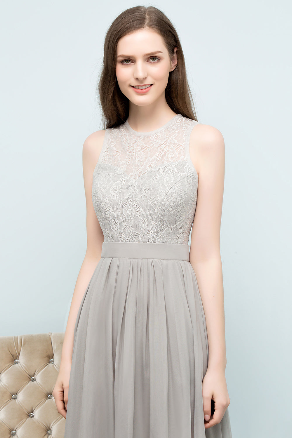 Affordable Lace Sleeveless Silver Bridesmaid Dress with Ruffles