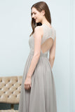 Affordable Lace Sleeveless Silver Bridesmaid Dress with Ruffles