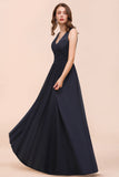 Affordable Lace V-Neck Navy Bridesmaid Dress with Open Back