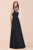 Affordable Lace V-Neck Navy Bridesmaid Dress with Open Back
