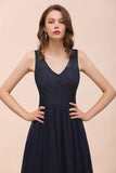 Affordable Lace V-Neck Navy Bridesmaid Dress with Open Back