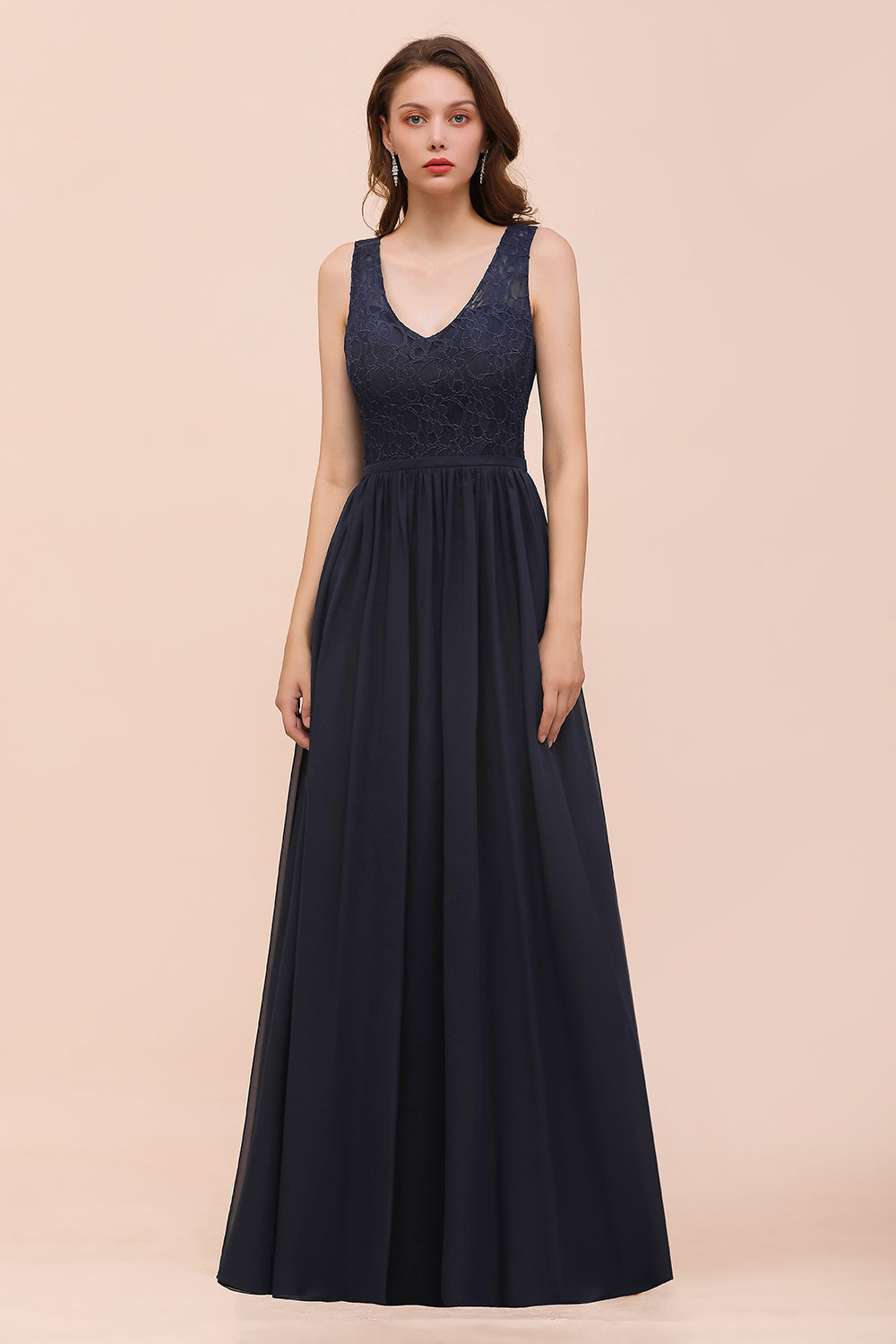 Affordable Lace V-Neck Navy Bridesmaid Dress with Open Back