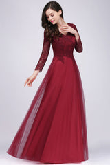 Affordable Long Sleeves V-Neck Lace Burgundy Bridesmaid Dresses with Appliques