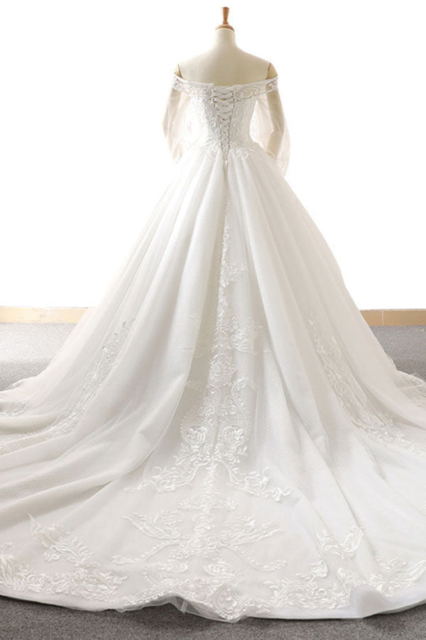 Affordable Longsleeves Appliques Tulle Wedding Dresses A-line Lace White Bridal Gowns On Sale