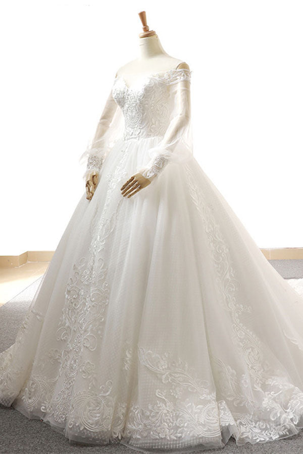 Affordable Longsleeves Appliques Tulle Wedding Dresses A-line Lace White Bridal Gowns On Sale
