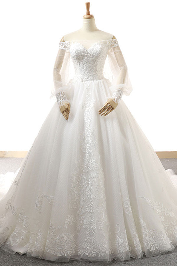 Affordable Longsleeves Appliques Tulle Wedding Dresses A-line Lace White Bridal Gowns On Sale