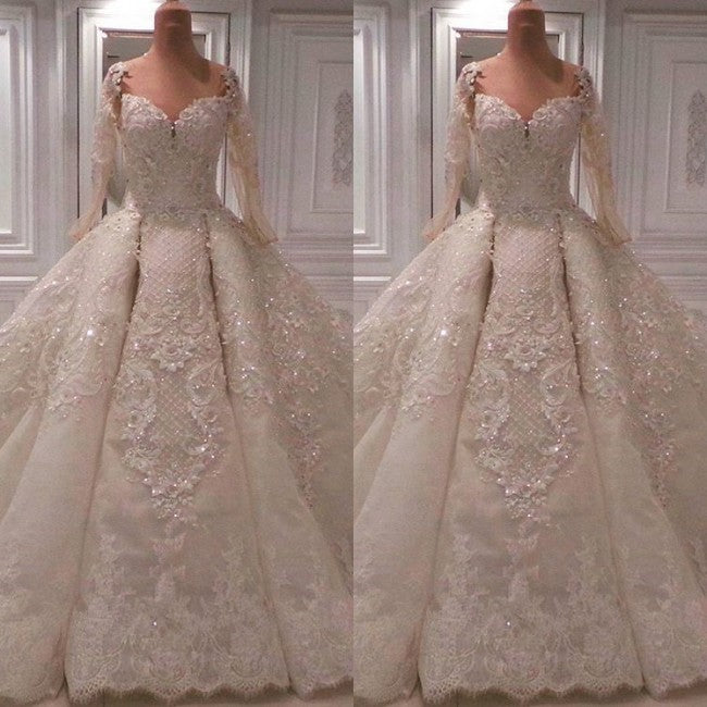Affordable Longsleeves Ivory Lace Wedding Dresses With Appliques A-line Ruffles Bridal Gowns On Sale