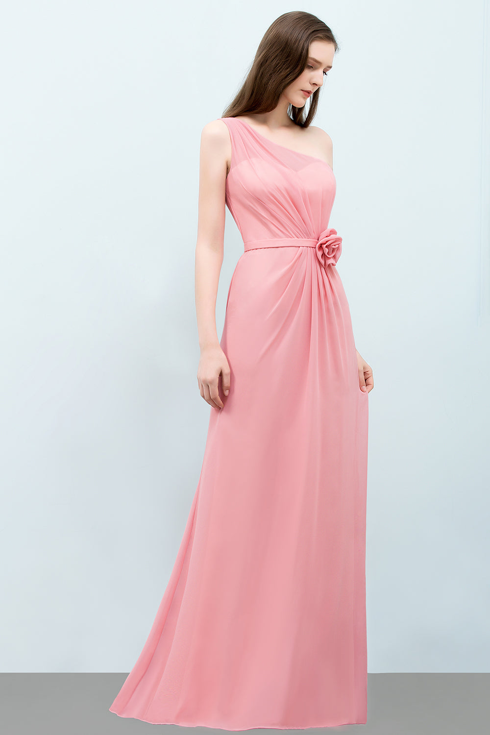 Affordable Mermaid One shoulder Pink Bridesmaid Dresses with Flowers