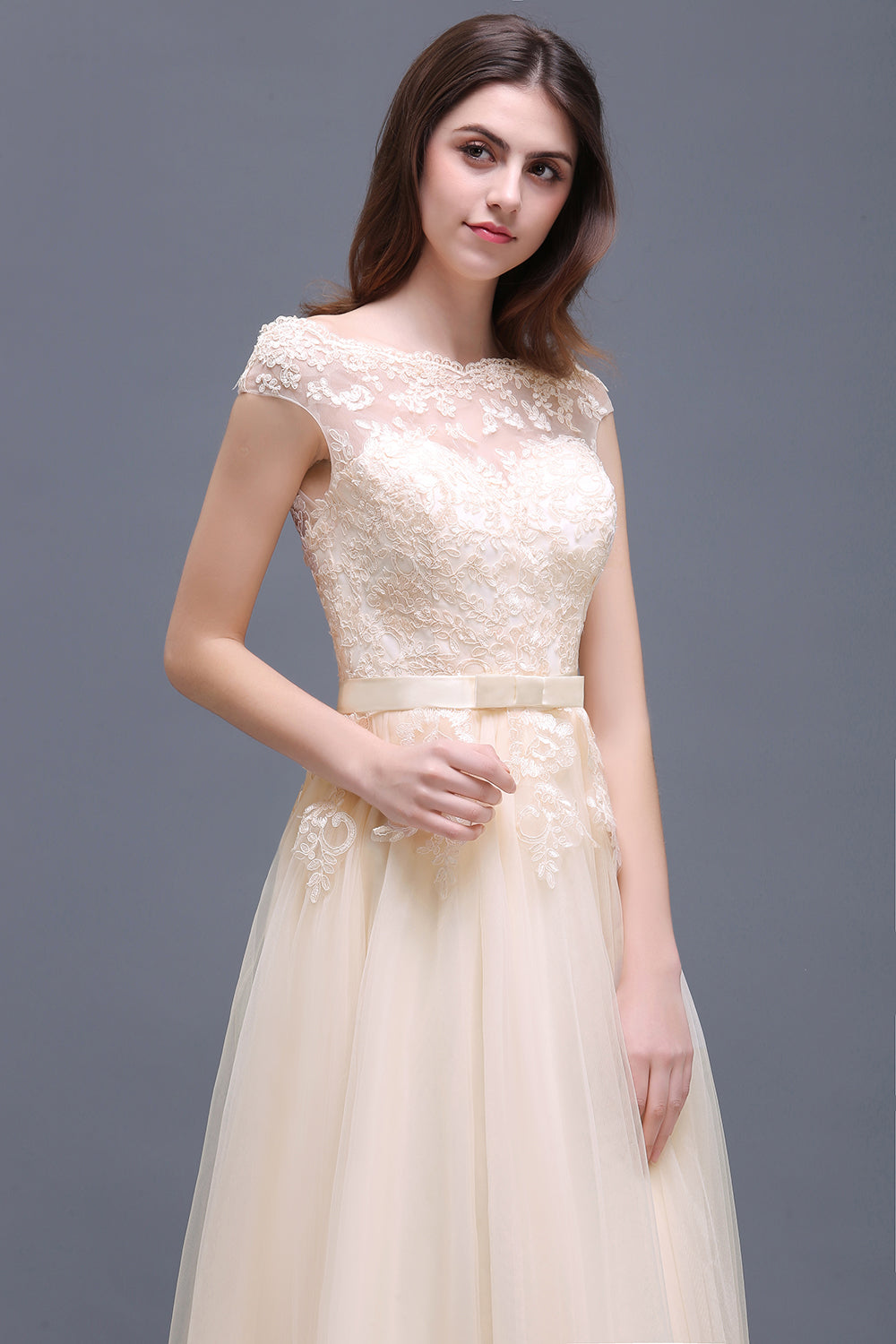 Affordable Off-the-Shoulder Champagne Bridesmaid Dresses with Appliques