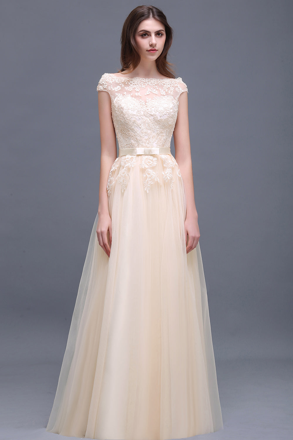 Affordable Off-the-Shoulder Champagne Bridesmaid Dresses with Appliques