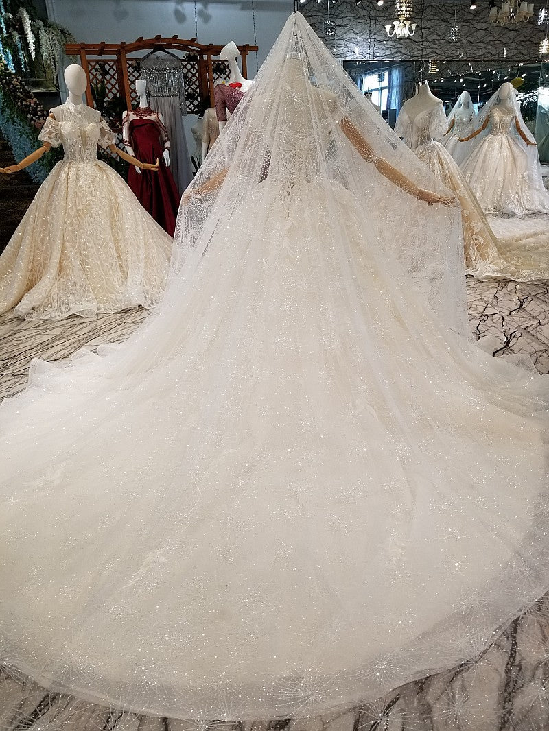 Affordable Off-the-shoulder Jewel Lace Wedding Dresses With Appliques White A-line Ruffles Bridal Gowns On Sale