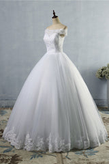 Affordable Off-the-Shoulder Lace Tulle Wedding Dress Short Sleeves White Bridal Gowns On Sale