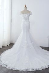 Affordable Off-the-Shoulder Mermaid White Wedding Dress Short Sleeves Tulle Appliques Bridal Gowns On Sale