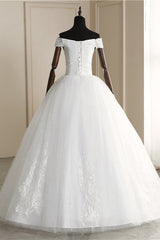 Affordable Off-the Shoulder Sweetheart Tulle Wedding Dress Appliques Sleeveless Bridal Gowns with Pearls