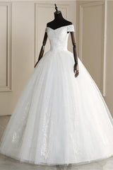 Affordable Off-the Shoulder Sweetheart Tulle Wedding Dress Appliques Sleeveless Bridal Gowns with Pearls