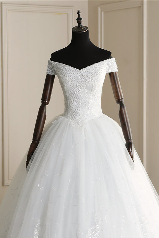 Affordable Off-the Shoulder Sweetheart Tulle Wedding Dress Appliques Sleeveless Bridal Gowns with Pearls