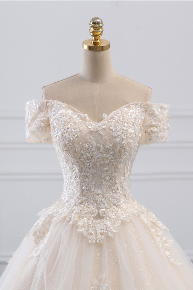 Affordable Off-the-Shoulder White Tulle Lace Wedding Dress Sweetheart Appliques Bridal Gowns On Sale