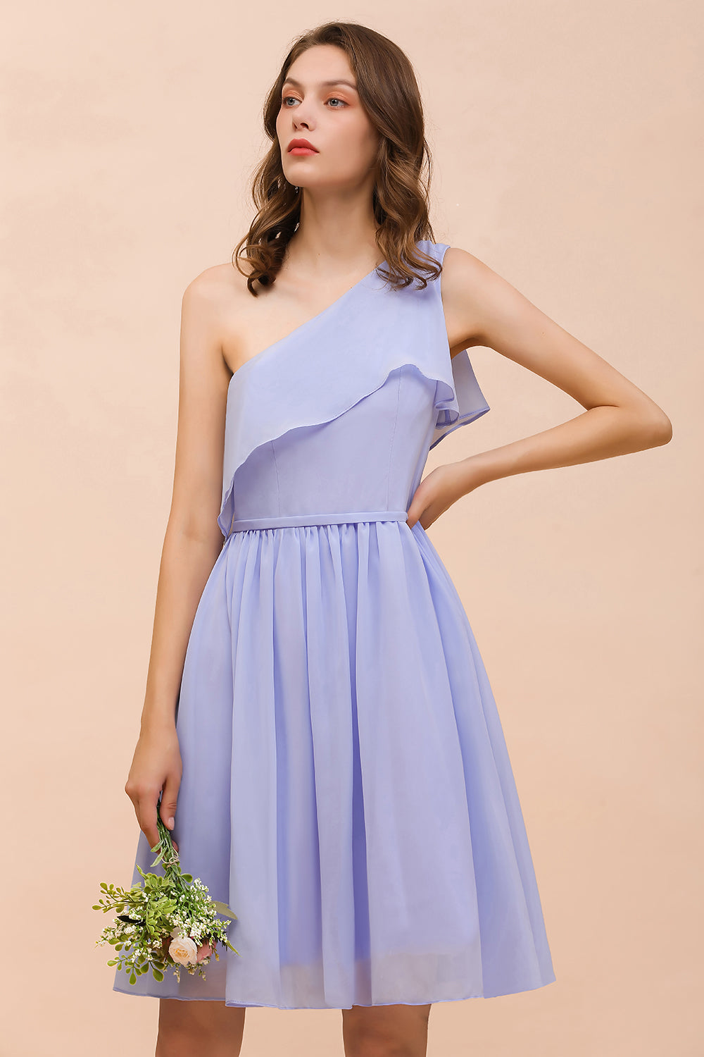 Affordable One Shoulder Ruffle Lavender Chiffon Short Bridesmaid Dress