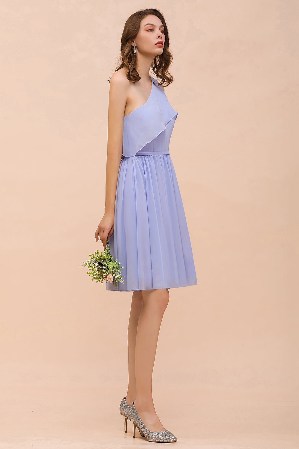 Affordable One Shoulder Ruffle Lavender Chiffon Short Bridesmaid Dress