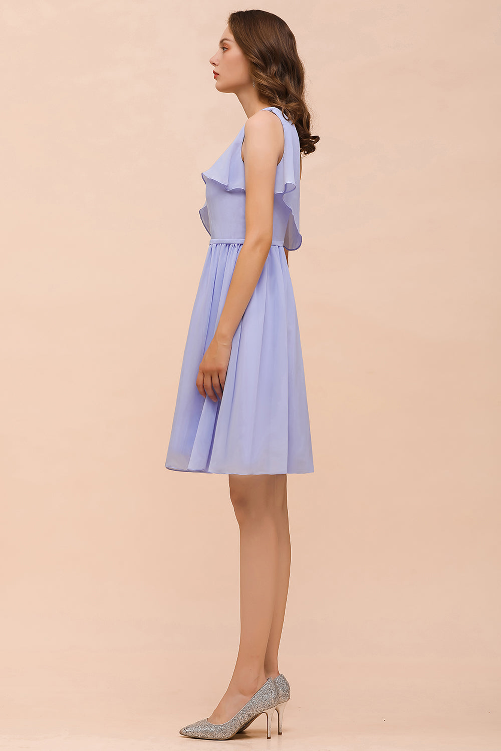 Affordable One Shoulder Ruffle Lavender Chiffon Short Bridesmaid Dress