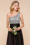 Affordable One Shoulder Sequins Long Bridesmaid Dresses with Ruffle