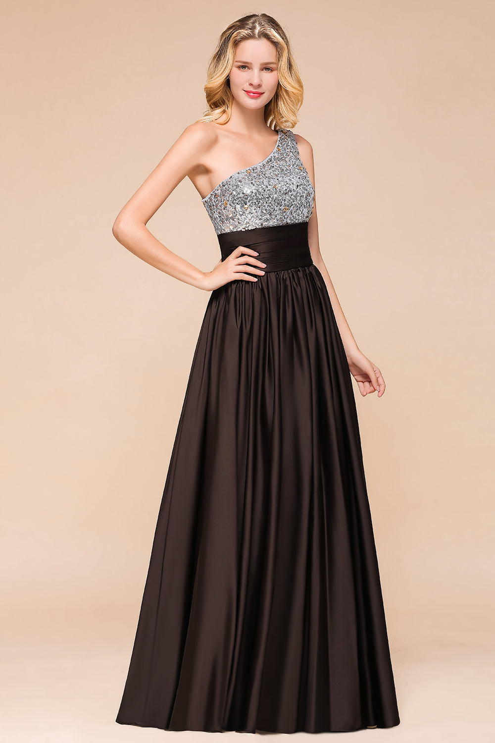 Affordable One Shoulder Sequins Long Bridesmaid Dresses with Ruffle