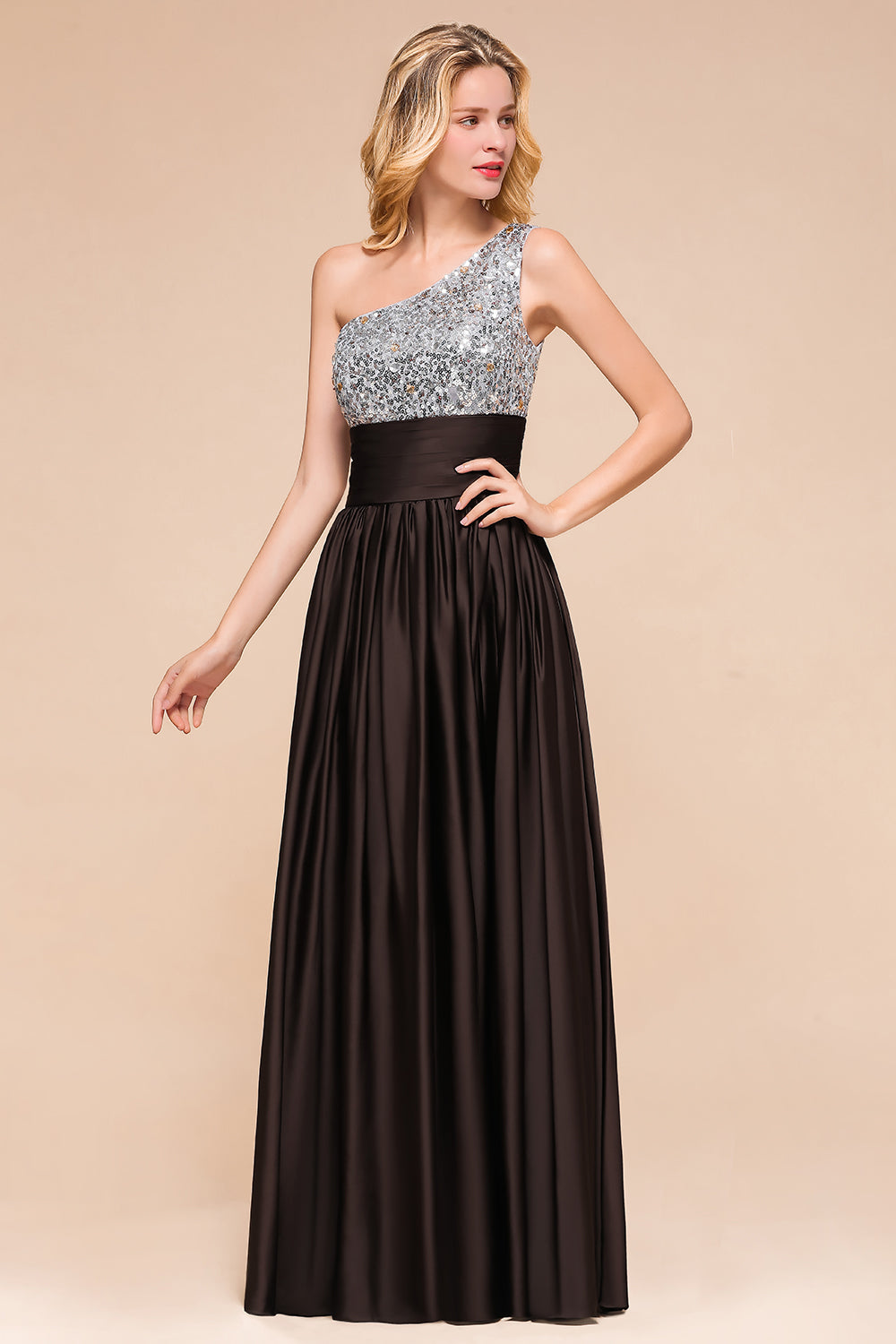 Affordable One Shoulder Sequins Long Bridesmaid Dresses with Ruffle